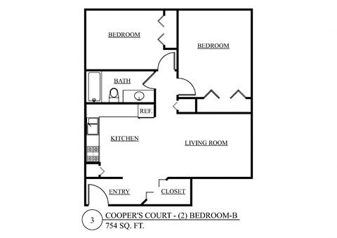 Floor plan for 2 beds, 1 bath, 754 sqft